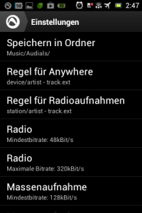 Screenshot: Radio-App im Test: Audials - Radio + Musik Sync - Einstellungen für Radiosender