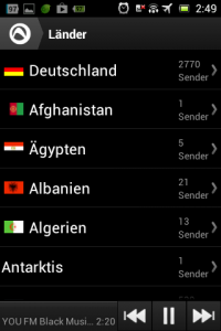 Screenshot: Radio-App im Test: Audials - Radio + Musik Sync - Länderauswahl